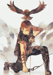 Rule 34 | 1boy, arrow (projectile), avengers (series), bird, black feathers, black footwear, black pants, black shirt, blue eyes, boots, bow (weapon), brown hair, clint barton, closed mouth, commentary request, feathered wings, feathers, flying, hand up, hawk, hawkeye (marvel), highres, holding, holding bow (weapon), holding weapon, looking at viewer, male focus, marvel, pants, roku0180, shirt, short hair, short sleeves, simple background, v-shaped eyebrows, weapon, white background, wings