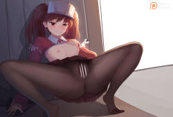 Rule 34 | 1girl, anus, ass, black pantyhose, blush, breasts, brown eyes, brown hair, censored, clothes lift, crotch seam, feet, japanese clothes, kantai collection, kariginu, magatama, magic xiang, nipples, pantyhose, pleated skirt, pussy, red shirt, ryuujou (kancolle), shirt, shirt lift, skirt, small breasts, solo, spread legs, syringe, thighs, twintails, visor cap, wince