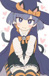 Rule 34 | 1girl, animal ears, asashio (kancolle), asashio (kancolle) (cosplay), black dress, blush, cat ears, cat tail, closed mouth, cosplay, dress, frilled dress, frills, gloves, grey hair, hair ribbon, halloween, halloween costume, hands on lap, hat, heart, highres, kantai collection, long sleeves, looking at viewer, ooshio (kancolle), pinafore dress, purple eyes, purple hat, ribbon, school uniform, shirt, short twintails, simoyuki, simple background, sitting, sleeveless, sleeveless dress, solo, striped clothes, striped thighhighs, tail, thighhighs, twintails, white background, white gloves, white shirt, witch hat