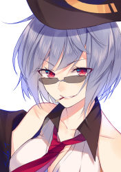 Rule 34 | 1girl, aotetsu, black hat, blue hair, breasts, cleavage, collarbone, girls&#039; frontline, hat, large breasts, looking at viewer, looking over eyewear, looking over glasses, necktie, parted lips, red eyes, red necktie, short hair, signature, smile, solo, sunglasses, teeth, thompson (girls&#039; frontline), tinted eyewear, upper body