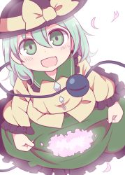Rule 34 | blush, clothes lift, frilled skirt, frilled sleeves, frills, hat, hat ribbon, highres, komeiji koishi, long hair, long sleeves, looking at viewer, looking up, open mouth, petals, ribbon, shirt, skirt, skirt lift, solo, subterranean animism, third eye, touhou, white background, wide sleeves, yamase
