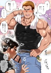 Rule 34 | 2boys, absurdres, bar censor, bara, black tank top, blush, breath, brown hair, censored, chabashira tatsukichi, closed eyes, clothed sex, covered abs, covered erect nipples, denim, feet out of frame, fellatio, highres, jeans, large pectorals, leather belt, male focus, motion blur, multiple boys, muscular, muscular male, open fly, oral, original, pants, pectorals, shirt, short hair, sideburns, solo focus, speech bubble, speed lines, standing, sweat, tank top, thick thighs, thighs, tight clothes, tight pants, tight shirt, towel, towel around neck, translation request, very sweaty, yaoi