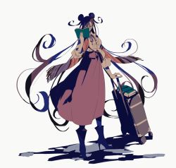 Rule 34 | 1girl, bad id, bad twitter id, blouse, book, boots, brown hair, double bun, fate/grand order, fate (series), glasses, gsgs, hair bun, high heel boots, high heels, librarian, long hair, long skirt, luggage, murasaki shikibu (fate), over shoulder, rolling suitcase, scarf, shadow, shirt, skirt, solo, suitcase, twintails, white background, white shirt