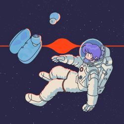 Rule 34 | 1other, airpods, androgynous, astronaut, floating, gloves, helmet, highres, levitation, looking at object, negative space, original, profile, purple hair, purple sky, short hair, shuujuu misobata, sky, solo, space, space helmet, spacecraft, star (sky), starry sky, white gloves, wireless earphones, zero gravity