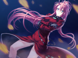 Rule 34 | 1girl, blue eyes, closed mouth, crossed arms, dress, dutch angle, floating hair, front slit, game cg, glasses, gloves, grey gloves, high ponytail, ignis, jingai makyou, long hair, long sleeves, looking at viewer, nishii (damnedrive), official art, pink hair, red dress, solo, standing, very long hair, yellow-framed eyewear