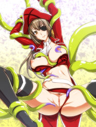 Rule 34 | 10s, 1girl, amagi brilliant park, belt, bikini, blush, boots, breasts, brown eyes, brown hair, censored, cleavage, ebido, eyepatch, hat, highres, jacket, large breasts, legs, long hair, long sleeves, navel, nipples, open clothes, pirate, pirate hat, pussy, red bikini, red jacket, sento isuzu, solo, swimsuit, tentacles, thigh boots, thighhighs, thighs