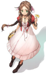 Rule 34 | 1girl, aerith gainsborough, bangle, basket, boots, bracelet, braid, braided ponytail, breasts, brown footwear, brown hair, choker, cleavage, closed mouth, cropped jacket, dress, final fantasy, final fantasy vii, final fantasy vii rebirth, final fantasy vii remake, flower, flower basket, flower choker, from above, full body, green eyes, hair ribbon, happy birthday, holding, holding basket, holding flower, ito noizi, jacket, jewelry, long dress, long hair, looking at viewer, medium breasts, parted bangs, pink dress, pink ribbon, red jacket, ribbon, short sleeves, sidelocks, single braid, smile, solo, wavy hair, white background, yellow flower