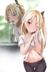 Rule 34 | 1girl, american flag, american flag print, azur lane, blonde hair, blush, breasts, cleveland (azur lane), clothes lift, cowboy shot, drinking fountain, flag print, groin, hair between eyes, hayami yoichi, head tilt, highres, lifting own clothes, long hair, looking at viewer, multiple views, navel, one side up, open mouth, outdoors, pants, parted bangs, parted lips, red eyes, shirt, shirt lift, smile, stomach, very long hair, wet, wiping