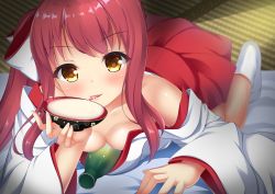 Rule 34 | 1girl, absurdres, alcohol, alternate hairstyle, bad id, bad twitter id, battle girl high school, blush, bottle, breasts, cleavage, cup, hasumi urara, highres, long hair, looking at viewer, lying, medium breasts, on stomach, parted lips, red hair, sakazuki, sake, sake bottle, side ponytail, smile, solo, tongue, tongue out, yellow eyes, yuririn poi
