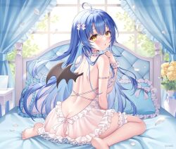 Rule 34 | 1girl, ahoge, arm strap, ass, backless dress, backless outfit, bare back, bare shoulders, bed, blue hair, breasts, butt crack, character request, choker, dress, frilled choker, frilled pillow, frills, from behind, hand up, indie virtual youtuber, long hair, looking at viewer, looking back, median furrow, mini wings, no panties, on bed, parted lips, pillow, see-through, see-through dress, shiono (0303), sitting, sleeveless, sleeveless dress, small breasts, solo, very long hair, virtual youtuber, wariza, white dress, wings, wrist cuffs, yellow eyes