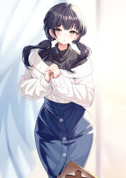 Rule 34 | 1girl, black hair, blue skirt, blurry, blurry background, blush, boku no kokoro no yabai yatsu, breasts, brown eyes, commentary request, curtains, depth of field, earrings, grey shirt, highres, jewelry, long hair, long sleeves, looking at viewer, low twintails, medium breasts, mole, mole on neck, off-shoulder sweater, off shoulder, own hands together, parted lips, puffy long sleeves, puffy sleeves, ririko (zhuoyandesailaer), shirt, skirt, sleeves past wrists, solo, sweater, twintails, white sweater, yamada anna