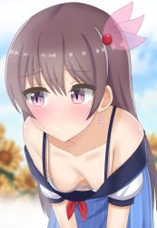 Rule 34 | 1girl, absurdres, bare shoulders, blurry, blurry background, blush, bra, breasts, brown hair, closed mouth, cloud, downblouse, earrings, flower, hair ornament, hanging breasts, highres, jewelry, kantai collection, katsuragi b k, kisaragi (kancolle), leaning forward, long hair, looking away, nipples, outdoors, purple eyes, shell, shell earrings, sky, small breasts, solo, sunflower, sweat, underwear, white bra