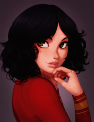 Rule 34 | 1girl, black hair, curly hair, from side, green eyes, light smile, looking at viewer, looking to the side, parted lips, portrait, purple background, raichiyo33, red lips, red sweater, short hair, simple background, solo, sweater, teeth, upper body