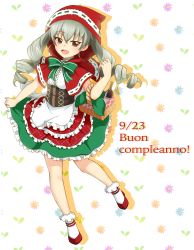 Rule 34 | 10s, 1girl, absurdres, alternate costume, anchovy (girls und panzer), artist name, bobby socks, bottle, bow, bowtie, cape, carrying, commentary, corset, cosplay, dated, dress, drill hair, flats, floral background, frilled dress, frills, girls und panzer, green bow, green bowtie, green dress, green hair, happy birthday, highres, italian text, layered dress, little red riding hood, little red riding hood (grimm), little red riding hood (grimm) (cosplay), long hair, looking at viewer, medium dress, open mouth, parda siko, picnic basket, red cape, red dress, red eyes, red footwear, red hood, shadow, shoes, signature, smile, socks, solo, standing, twin drills, twintails, two-tone dress, white socks, wine bottle