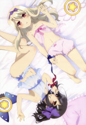 Rule 34 | 2girls, absurdres, babydoll, barefoot, black hair, blonde hair, bloomers, blue panties, blush, bow, chemise, fate/kaleid liner prisma illya, fate (series), feet, from above, hair bow, headband, highres, hirata kazuya, illyasviel von einzbern, legs, long hair, looking at viewer, lying, miyu edelfelt, multiple girls, navel, non-web source, nyantype, official art, on back, on side, panties, parted lips, pillow, pink babydoll, pink bloomers, red eyes, ribbon, scan, short hair, toes, underwear