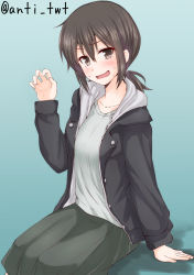 Rule 34 | 10s, 1girl, anti (untea9), black eyes, black hair, black skirt, blue background, blush, casual, claw pose, confused, fubuki (kancolle), grey shirt, hairband, highres, hood, hoodie, kantai collection, long sleeves, looking at viewer, open clothes, open hoodie, open mouth, ponytail, shirt, short hair, simple background, sitting, skirt, smile, solo, sweat, twitter username