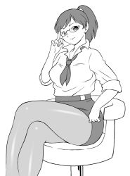 Rule 34 | 00s, 1girl, adjusting eyewear, breasts, chair, crossed legs, curvy, glasses, high ponytail, holon, looking at viewer, loose clothes, loose shirt, medium breasts, miniskirt, necktie, office lady, official art, pantyhose, pencil skirt, ponytail, real drive, shirt, short hair, simple background, sitting, skirt, sleeves rolled up, solo, uraharukon, white background