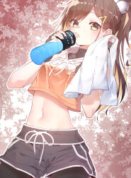Rule 34 | 1girl, bell, blonde hair, blush, breasts, brown hair, colored inner hair, crop top, dolphin shorts, drinking, ekta, fingerless gloves, from below, gloves, hair bell, hair ornament, hairpin, hands up, highres, hood, korean streamer, leaves, looking at viewer, multicolored clothes, multicolored hair, navel, open mouth, pants, ponytail, powerade, ribbon, shorts, small breasts, solo, sportswear, streamers, sweat, taemtaembeorin, towel, two-tone hair, white ribbon, yellow eyes, yoga pants
