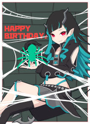 Rule 34 | 1girl, nanashi inc., absurdres, belt, belt bra, black gloves, black hair, black jacket, black skirt, black thighhighs, blue belt, blue hair, blush, brick wall, bug, chest belt, closed mouth, clothing cutout, commentary request, cropped jacket, cross-laced clothes, cross-laced sleeves, demon girl, demon horns, demon tail, fang, feet out of frame, flat chest, fukahire234, gloves, grey skirt, happy birthday, highres, horns, jacket, layered skirt, long hair, long sleeves, looking at viewer, multicolored hair, open clothes, open jacket, pointy ears, red eyes, shishio chris, shoulder cutout, silk, single glove, single thighhigh, skin fang, skirt, smile, solo, spider, spider web, sugar lyric, tail, thighhighs, two-tone hair, virtual youtuber, zipper skirt