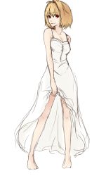 Rule 34 | 00s, 1girl, arcueid brunestud, bare legs, bare shoulders, barefoot, blonde hair, breasts, cleavage, clothes lift, drawfag, dress, dress lift, full body, hair intakes, long dress, red eyes, short hair, smile, solo, tsukihime, white dress
