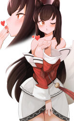 Rule 34 | 1girl, ;o, absurdres, ahri (league of legends), animal ears, bad id, bad pixiv id, bare shoulders, blowing kiss, blush, breasts, brown hair, collarbone, detached sleeves, facial mark, fox ears, fox tail, heart, highres, kiss, korean clothes, large breasts, league of legends, long hair, looking at viewer, multiple views, nail polish, one eye closed, secretbusiness, simple background, tail, whisker markings, white background