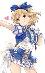 Rule 34 | 10s, 1girl, alternate costume, blonde hair, brown eyes, commentary request, cowboy shot, djeeta (granblue fantasy), gloves, granblue fantasy, hairband, heart, highres, kimi to boku no mirai, nemun (tamizzz), out of frame, short hair, short sleeves, simple background, smile, solo, superstar (granblue fantasy), white background, white gloves