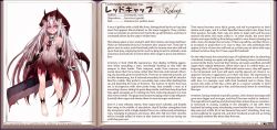 Rule 34 | 1girl, alternate language, bare legs, bare shoulders, barefoot, blood, bloody weapon, book, character name, character profile, cleaver, covered navel, dress, elbow gloves, english text, full body, gloves, gradient hair, grin, hair between eyes, hard-translated, hat, horns, kenkou cross, kenkou cross (company), long hair, looking at viewer, monster girl, monster girl encyclopedia, multicolored hair, official art, open book, petite, pointy ears, red eyes, red hair, redcap (monster girl encyclopedia), sharp teeth, skull, smile, solo, teeth, third-party edit, two-tone hair, very long hair, watermark, weapon, web address, white hair
