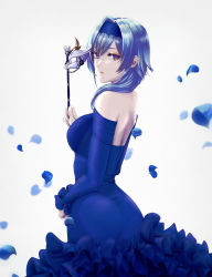 Rule 34 | 1girl, absurdres, backless dress, backless outfit, bare shoulders, blue dress, blue hair, breasts, dress, eula (genshin impact), from side, genshin impact, hairband, half-closed eyes, highres, holding, holding mask, large breasts, mask, me ao (many blue leaves), petals, short hair, solo