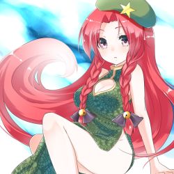 Rule 34 | 1girl, asa (coco), bad id, bad pixiv id, braid, breasts, china dress, chinese clothes, cleavage cutout, clothing cutout, dress, female focus, hat, hong meiling, large breasts, long hair, looking at viewer, purple eyes, red hair, solo, star (symbol), touhou, twin braids