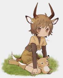 Rule 34 | 1girl, animal ears, ankle boots, ayu (mog), blush, boots, bow, bright pupils, brown bow, brown eyes, brown footwear, brown hair, brown shorts, closed mouth, full body, gazelle ears, gazelle horns, gazelle tail, grass, layered sleeves, long sleeves, looking at viewer, original, short hair, short over long sleeves, short sleeves, shorts, signature, simple background, sitting, solo, stuffed animal, stuffed toy, wariza, white background