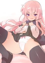Rule 34 | 1girl, bad id, bad twitter id, black cape, black skirt, black thighhighs, blush, caburi, cape, clothes lift, commentary request, highres, knee up, lifted by self, long hair, louise francoise le blanc de la valliere, lying, on back, open mouth, panties, pink eyes, pink hair, pink panties, shirt, shoes, skirt, skirt lift, smile, solo, spread legs, thighhighs, underwear, white shirt, zero no tsukaima