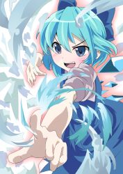 Rule 34 | &gt;:d, 1girl, :d, blue eyes, blue hair, blush, bow, cirno, face, fighting stance, foreshortening, hair bow, highres, ice, magic, matching hair/eyes, open mouth, pointing, shift (waage), short hair, smile, solo, touhou, v-shaped eyebrows, wings