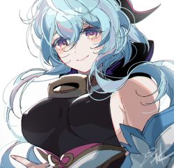 Rule 34 | bad id, bad twitter id, bare shoulders, bell, blue hair, breasts, detached sleeves, ganyu (genshin impact), genshin impact, gold trim, horns, long hair, looking at viewer, medium breasts, mtk (souko), multicolored eyes, neck bell, sideboob, sidelocks, signature, smile, solo, white background, white sleeves