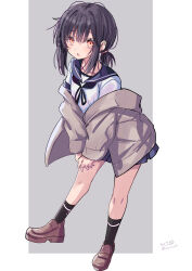 1girl absurdres alternate_eye_color black_hair fubuki_(kancolle) highres hizaka jacket kantai_collection loafers long_hair looking_at_viewer open_mouth ponytail red_eyes school_uniform serafuku shoes skirt solo twitter_username