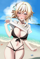 Rule 34 | 1girl, :d, beach, bikini, black bikini, blonde hair, blue sky, blush, breasts, cas cassis, cleavage, clothes lift, cloud, day, flower, genshin impact, hair flower, hair ornament, large breasts, looking at viewer, lumine (genshin impact), navel, open mouth, outdoors, shell, shirt, shirt lift, short hair, short hair with long locks, sky, smile, solo, starfish, stomach, swimsuit, white shirt, yellow eyes