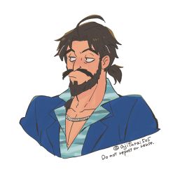 Rule 34 | 1boy, asaya minoru, beard, black hair, blue jacket, blue shirt, closed mouth, collared shirt, cropped torso, edward teach (fate), edward teach (midsummer gentleman) (fate), english text, facial hair, fate/grand order, fate (series), jacket, looking away, looking to the side, male focus, mustache, pointy ears, shirt, simple background, solo, twitter username, white background