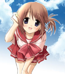 Rule 34 | 00s, 1girl, adjusting hair, blue eyes, brown hair, cloud, day, eretto, folded ponytail, hair ornament, hairclip, komaki manaka, leaning forward, open mouth, pleated skirt, school uniform, serafuku, skirt, sky, smile, solo, to heart (series), to heart 2