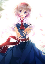 Rule 34 | 1girl, akane hazuki, alice margatroid, backlighting, blonde hair, blue dress, blue eyes, capelet, dress, hairband, looking at viewer, open mouth, petals, sash, simple background, smile, solo, touhou