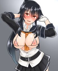 Rule 34 | 1girl, bikini, black hair, blush, breasts, cowboy shot, cupless bikini, furaggu (frag 0416), gloves, gradient background, grey background, highres, kantai collection, large breasts, long hair, long sleeves, looking at viewer, neckerchief, nipples, open mouth, orange neckerchief, partially unbuttoned, pleated skirt, ponytail, red eyes, school uniform, serafuku, sidelocks, skirt, solo, standing, swimsuit, white background, white gloves, yahagi (kancolle)
