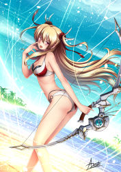 Rule 34 | 1girl, adsouto, alisa reinford, alternate costume, artist name, beach, bikini, blonde hair, blue sky, bow (weapon), breasts, cleavage, cloud, collarbone, day, dutch angle, eiyuu densetsu, falcom, floating hair, flower, hair between eyes, hair flower, hair ornament, hair ribbon, highres, holding, holding bow (weapon), holding weapon, leaning forward, long hair, looking at viewer, medium breasts, multi-strapped bikini, o-ring, o-ring bikini, ocean, outdoors, red eyes, red ribbon, ribbon, sen no kiseki, sky, solo, standing, swimsuit, tongue, tongue out, twintails, very long hair, weapon, white bikini, white flower