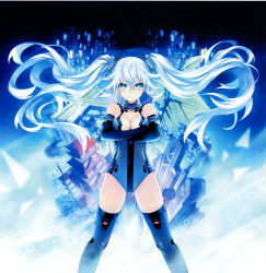 Rule 34 | &gt;:), 1girl, absurdres, aqua eyes, bare shoulders, black gloves, black heart (neptunia), breasts, building, chou megami shinkou noire gekishin black heart, circle, cityscape, cleavage, cleavage cutout, clothing cutout, crossed arms, elbow gloves, floating hair, gloves, glowing, grey thighhighs, gunbuster pose, hair between eyes, halterneck, highres, legs apart, leotard, light particles, light smile, long hair, looking at viewer, magical girl, manamitsu, medium breasts, neptune (series), noire (neptunia), official art, power symbol, power symbol-shaped pupils, skyscraper, smile, solo, square, standing, symbol-shaped pupils, thighhighs, triangle, turtleneck, twintails, v-shaped eyebrows, very long hair, white hair