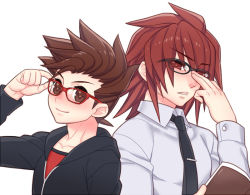 Rule 34 | 00s, 2boys, age difference, bespectacled, book, brown hair, casual, contemporary, father and son, folks (nabokof), glasses, hood, hoodie, kratos aurion, lloyd irving, long hair, male focus, multiple boys, necktie, open mouth, red hair, short hair, simple background, smile, tales of (series), tales of symphonia