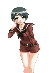 Rule 34 | 10s, 1girl, :p, arm behind back, black hair, blue eyes, kantai collection, kasumi ryou, looking at viewer, mogami (kancolle), short hair, shorts, simple background, solo, tongue, tongue out, white background