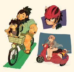 Rule 34 | 2boys, 2girls, beard, bicycle, black hair, blush stickers, brown hair, casual, cat girl, character request, contemporary, cutystuffy, dark-skinned male, dark skin, driving, dungeon meshi, dwarf, facial hair, falin touden, goggles, highres, izutsumi, looking ahead, multiple boys, multiple girls, mustache, on motorcycle, senshi (dungeon meshi), shorts, thick beard, thick mustache