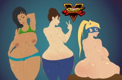 Rule 34 | 3girls, ass, asymmetrical hair, back, breasts, butt crack, capcom, chun-li, clothes lift, clothes pull, cornrows, curvy, dark-skinned female, dark skin, domino mask, highres, huge ass, kikoshou, large breasts, laura matsuda, mask, multiple girls, nipples, nude, pants, pants pull, plump, rainbow mika, shirt lift, street fighter, street fighter v, thick thighs, thighs, wide hips