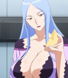 Rule 34 | 00s, 1girl, aqua hair, blue hair, breasts, cleavage, dragonaut, dress, female focus, highres, huge breasts, large breasts, lipstick, long hair, looking at viewer, machina (dragonaut), makeup, red eyes, red lips, screencap, solo, stitched, tagme, third-party edit