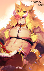 Rule 34 | 1boy, abs, animal hood, bara, bare pectorals, beard, blue eyes, boar hood, body fur, bracelet, brown hair, chest harness, collar, commentary request, facial hair, fang, fate/grand order, fate (series), gloves, gullinbursti (housamo), harness, hat, highres, hood, jewelry, large pectorals, long sideburns, looking at viewer, male focus, muscular, nipples, open clothes, pectorals, revealing clothes, scar, sideburns, sitting, smile, solo, tokyo houkago summoners, waku (ayamix)
