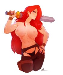 Rule 34 | 1girl, black panties, breasts, brown pants, closed mouth, commentary, contrapposto, earrings, english commentary, fingernails, hand on own hip, highleg, highleg panties, highres, holding, holding sword, holding weapon, jewelry, large breasts, long hair, looking at viewer, mars the illusionist, multiple rings, navel, nipples, panties, pants, pee-kay, pouch, purple eyes, purple nails, red hair, ring, signature, simple background, smile, solo, standing, sweat, sword, the wandering inn, thigh pouch, thigh strap, topless, underwear, vambraces, very long hair, weapon, white background
