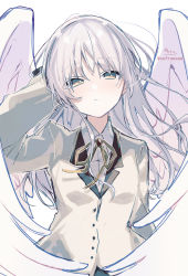 Rule 34 | 1girl, absurdres, angel beats!, arm behind head, arm up, blazer, blush, brooch, brown eyes, brown ribbon, closed mouth, collared shirt, dress shirt, feathered wings, grey jacket, hair between eyes, highres, jacket, jewelry, looking at viewer, neck ribbon, ribbon, shirt, signature, silver hair, simple background, sofra, solo, tenshi (angel beats!), twitter username, upper body, white background, white shirt, white wings, wings