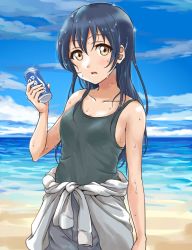 Rule 34 | 10s, 1girl, beach, blue hair, blush, brown eyes, can, clothes around waist, holding, holding can, long hair, looking at viewer, love live!, love live! school idol project, ocean, open mouth, pocari sweat, shirt, shirt around waist, solo, sonoda umi, sweat, tank top, tetopetesone, wet, yellow eyes